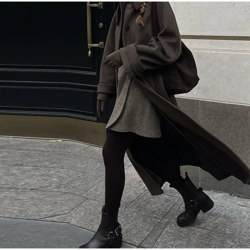 Elegant Grey Belt Long Faux Wollen Coat Women Lapel Double Breasted Street Coats Female 2025 Autumn Winter New Lady Peacoat