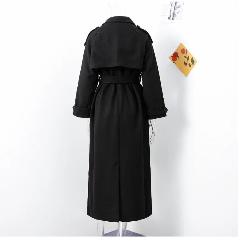 Elegant Grey Belt Long Faux Wollen Coat Women Lapel Double Breasted Street Coats Female 2025 Autumn Winter New Lady Peacoat