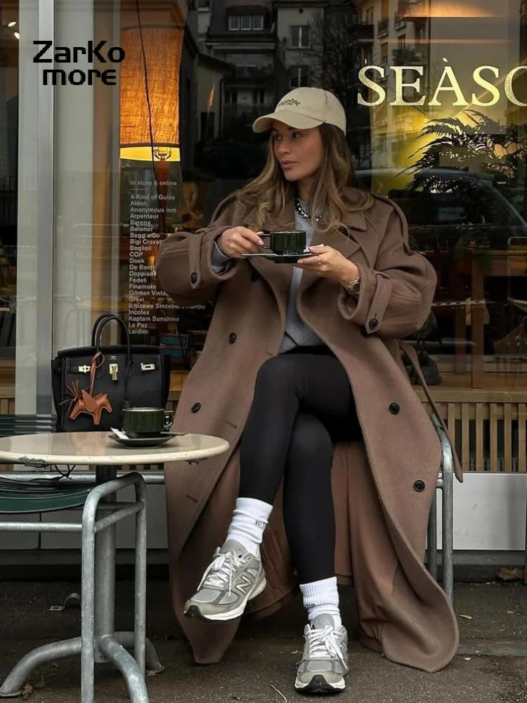 Elegant Grey Belt Long Faux Wollen Coat Women Lapel Double Breasted Street Coats Female 2025 Autumn Winter New Lady Peacoat