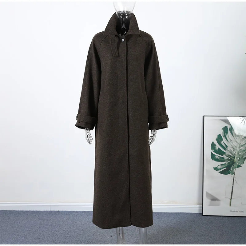 Elegant Grey Belt Long Faux Wollen Coat Women Lapel Double Breasted Street Coats Female 2025 Autumn Winter New Lady Peacoat