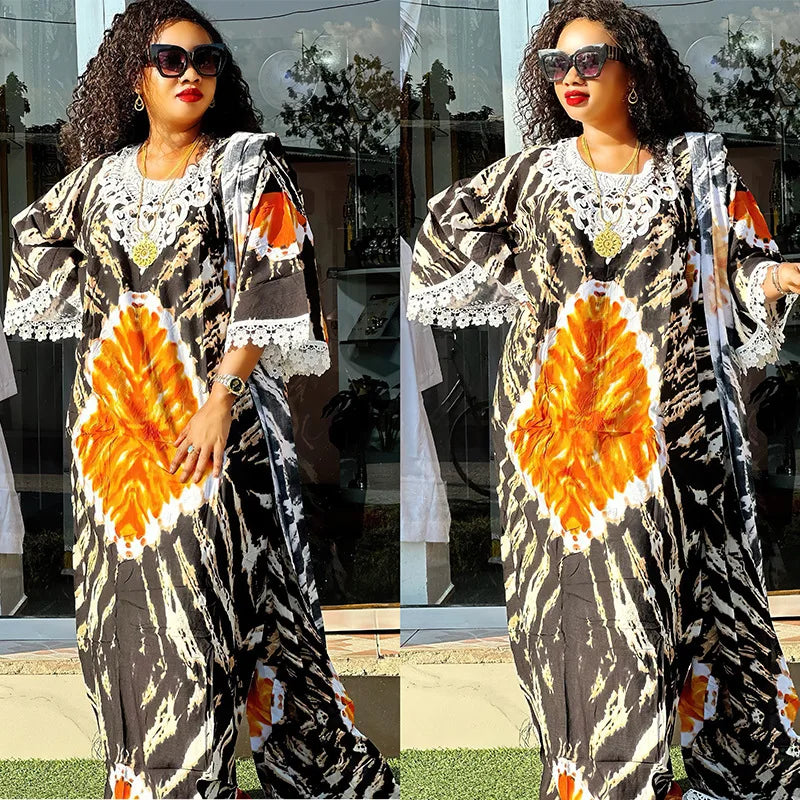 Africa Dress for Women for Evening Party Autumm Elegant Print O-neck Maxi Dress Muslim Fashion Abaya Dashiki African Clothing