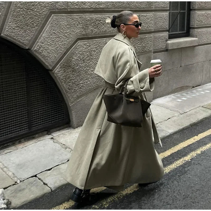 Elegant Grey Belt Long Faux Wollen Coat Women Lapel Double Breasted Street Coats Female 2025 Autumn Winter New Lady Peacoat