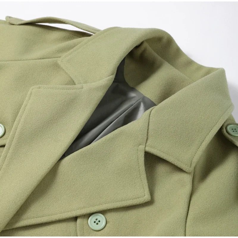 Elegant Grey Belt Long Faux Wollen Coat Women Lapel Double Breasted Street Coats Female 2025 Autumn Winter New Lady Peacoat