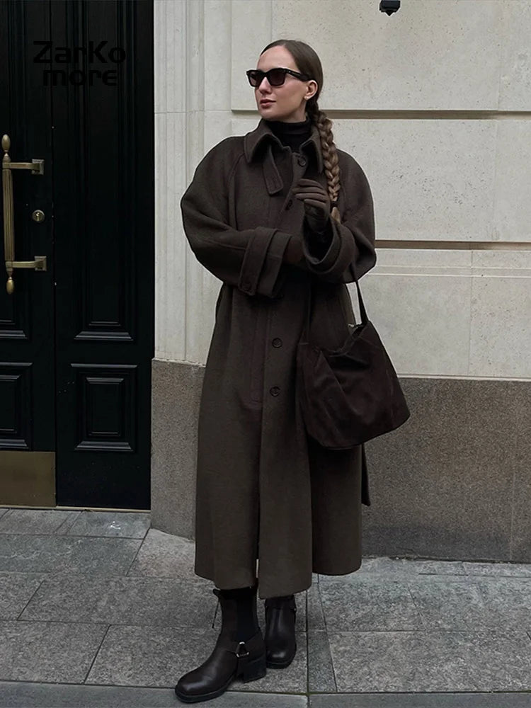 Elegant Grey Belt Long Faux Wollen Coat Women Lapel Double Breasted Street Coats Female 2025 Autumn Winter New Lady Peacoat