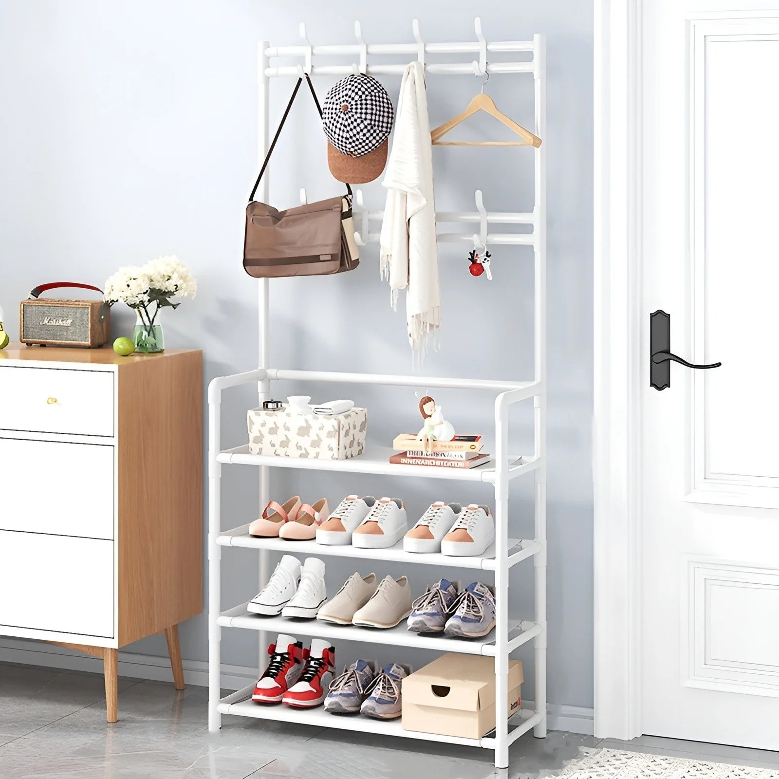 Shoe Rack Coat Rack Strand Simple Metal Storage Rack with Hooks Multipurpose Coat Hanger and Shoe Shelf  for Entryway Home