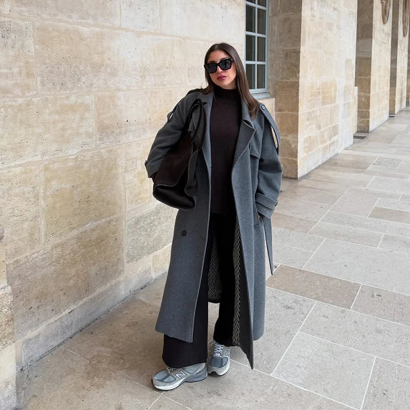 Elegant Grey Belt Long Faux Wollen Coat Women Lapel Double Breasted Street Coats Female 2025 Autumn Winter New Lady Peacoat