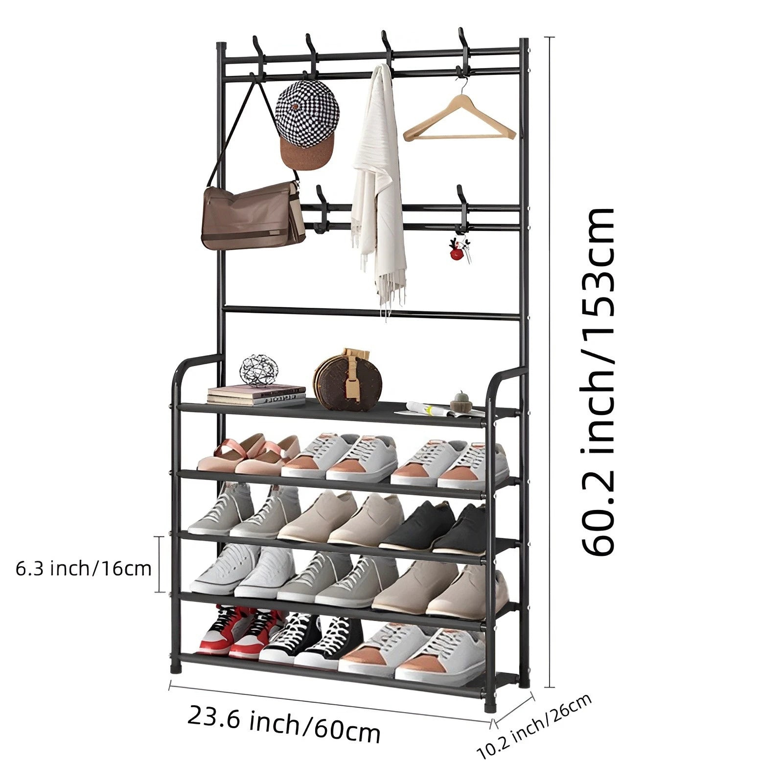 Shoe Rack Coat Rack Strand Simple Metal Storage Rack with Hooks Multipurpose Coat Hanger and Shoe Shelf  for Entryway Home