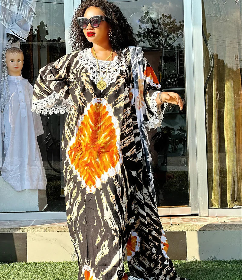Africa Dress for Women for Evening Party Autumm Elegant Print O-neck Maxi Dress Muslim Fashion Abaya Dashiki African Clothing