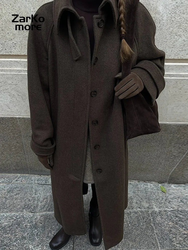 Elegant Grey Belt Long Faux Wollen Coat Women Lapel Double Breasted Street Coats Female 2025 Autumn Winter New Lady Peacoat