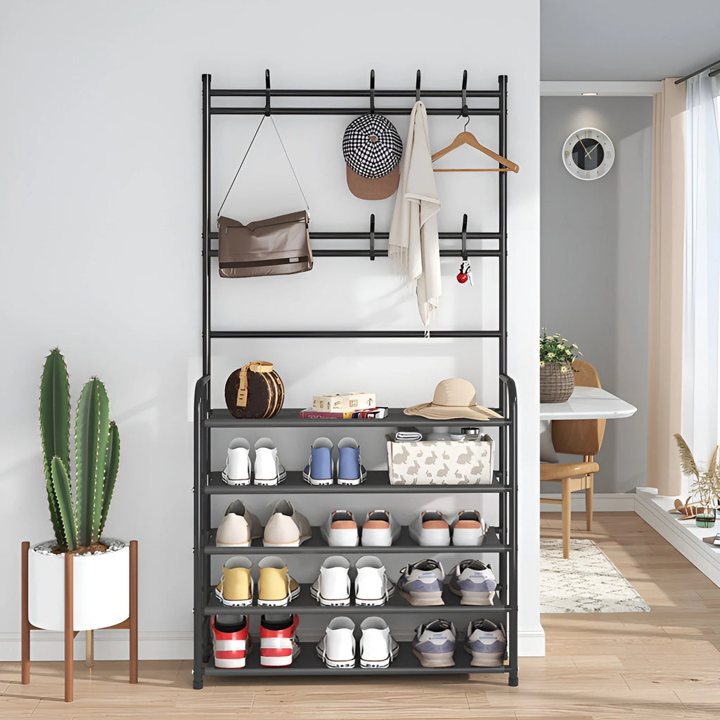 Shoe Rack Coat Rack Strand Simple Metal Storage Rack with Hooks Multipurpose Coat Hanger and Shoe Shelf  for Entryway Home
