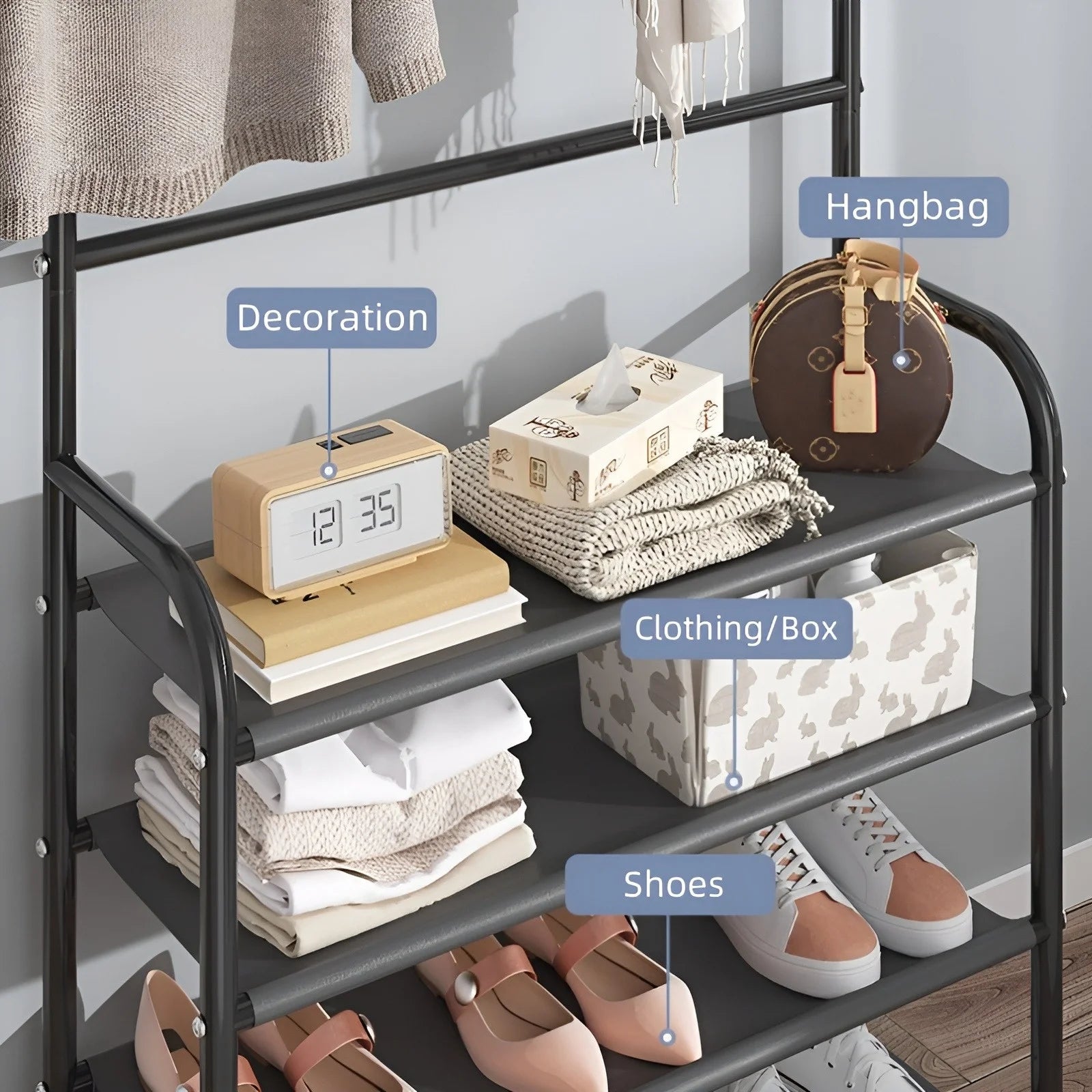 Shoe Rack Coat Rack Strand Simple Metal Storage Rack with Hooks Multipurpose Coat Hanger and Shoe Shelf  for Entryway Home