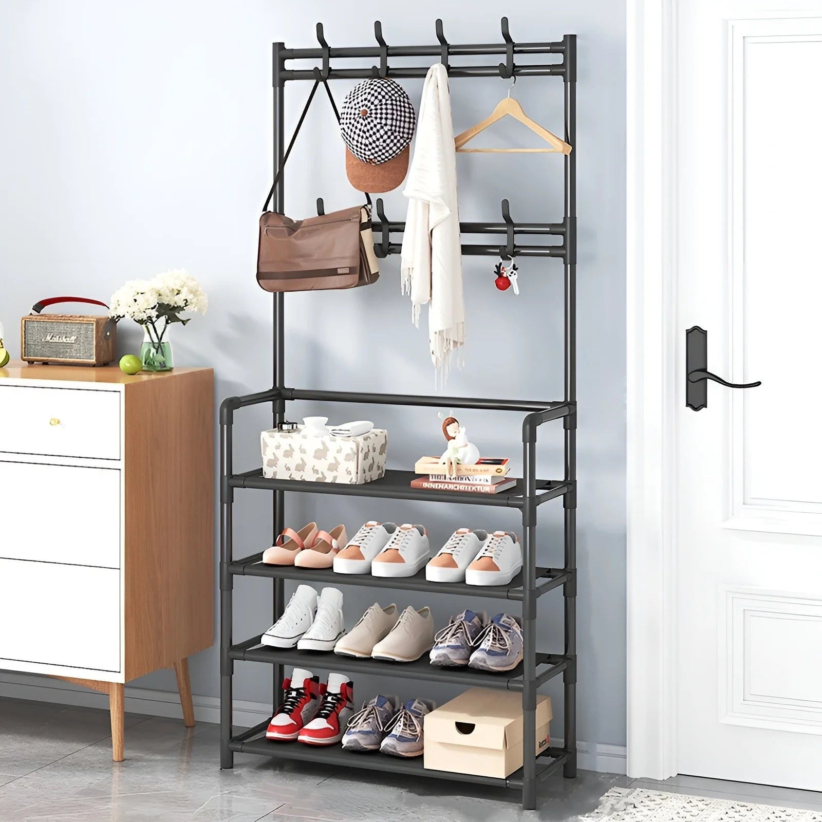 Shoe Rack Coat Rack Strand Simple Metal Storage Rack with Hooks Multipurpose Coat Hanger and Shoe Shelf  for Entryway Home
