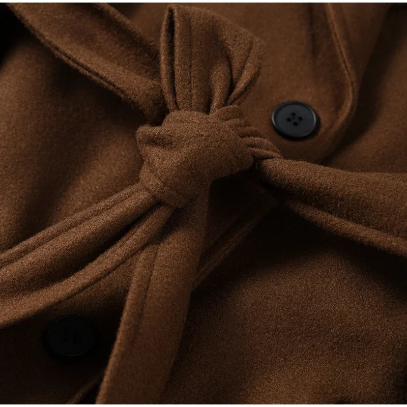 Elegant Grey Belt Long Faux Wollen Coat Women Lapel Double Breasted Street Coats Female 2025 Autumn Winter New Lady Peacoat