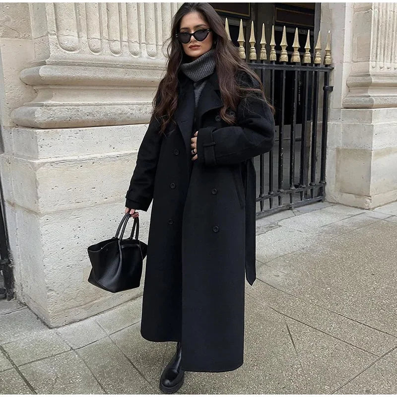 Elegant Grey Belt Long Faux Wollen Coat Women Lapel Double Breasted Street Coats Female 2025 Autumn Winter New Lady Peacoat