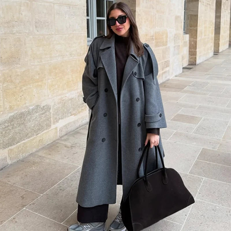 Elegant Grey Belt Long Faux Wollen Coat Women Lapel Double Breasted Street Coats Female 2025 Autumn Winter New Lady Peacoat