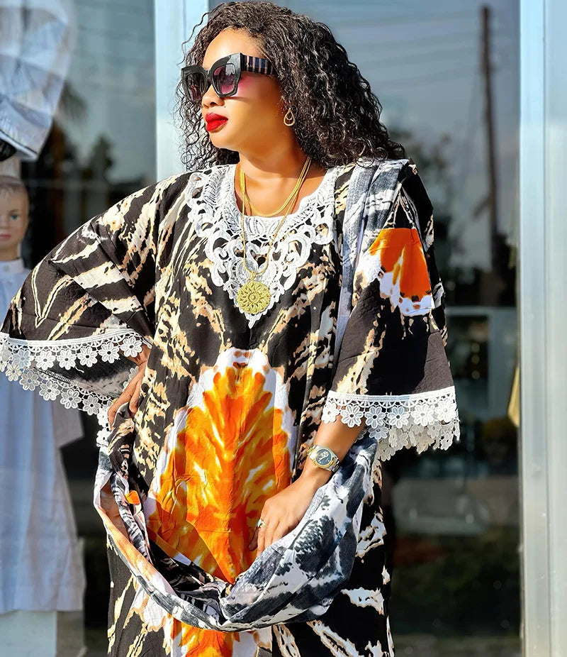 Africa Dress for Women for Evening Party Autumm Elegant Print O-neck Maxi Dress Muslim Fashion Abaya Dashiki African Clothing