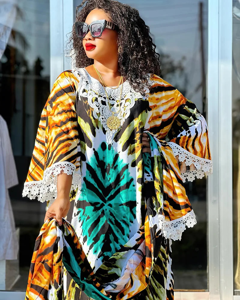 Africa Dress for Women for Evening Party Autumm Elegant Print O-neck Maxi Dress Muslim Fashion Abaya Dashiki African Clothing