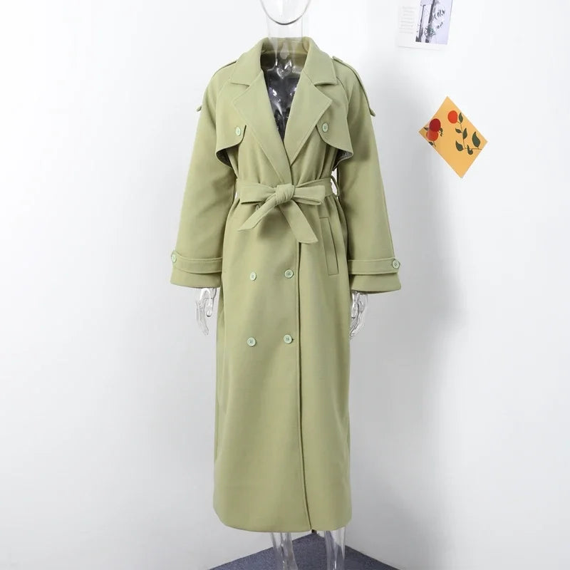 Elegant Grey Belt Long Faux Wollen Coat Women Lapel Double Breasted Street Coats Female 2025 Autumn Winter New Lady Peacoat