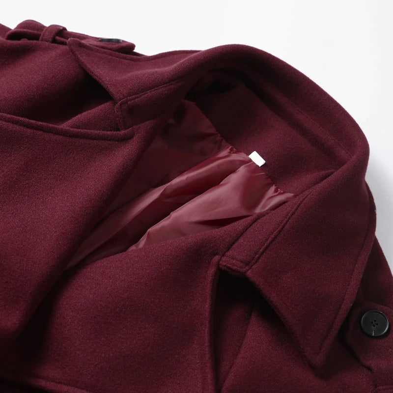 Elegant Grey Belt Long Faux Wollen Coat Women Lapel Double Breasted Street Coats Female 2025 Autumn Winter New Lady Peacoat