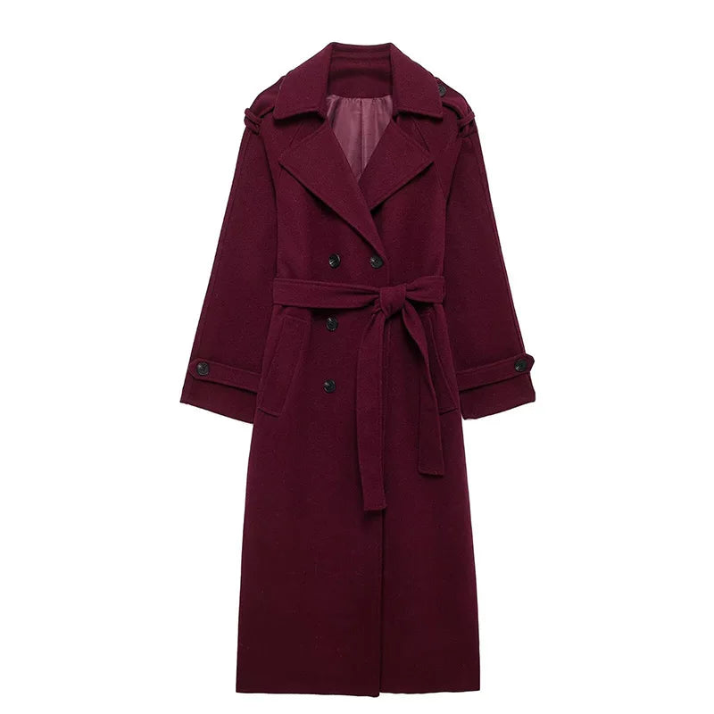 Elegant Grey Belt Long Faux Wollen Coat Women Lapel Double Breasted Street Coats Female 2025 Autumn Winter New Lady Peacoat