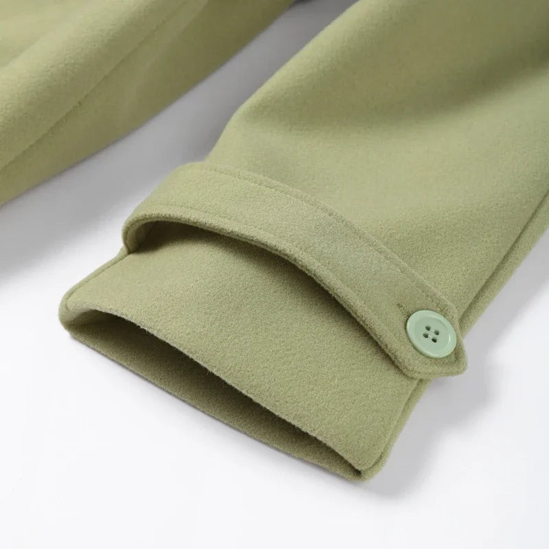 Elegant Grey Belt Long Faux Wollen Coat Women Lapel Double Breasted Street Coats Female 2025 Autumn Winter New Lady Peacoat