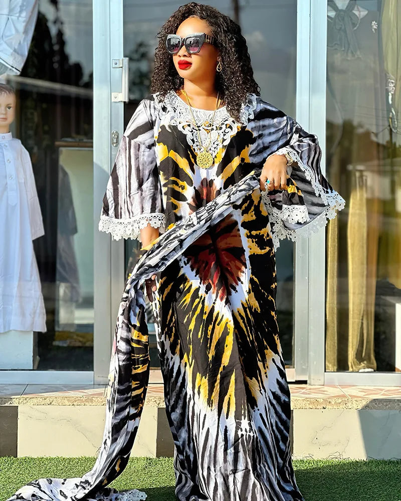 Africa Dress for Women for Evening Party Autumm Elegant Print O-neck Maxi Dress Muslim Fashion Abaya Dashiki African Clothing