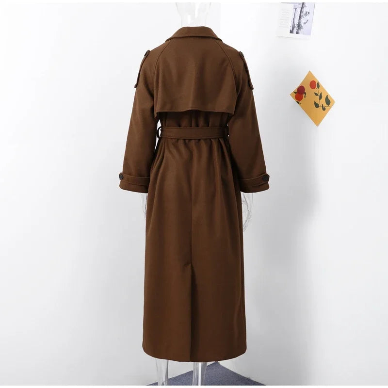 Elegant Grey Belt Long Faux Wollen Coat Women Lapel Double Breasted Street Coats Female 2025 Autumn Winter New Lady Peacoat