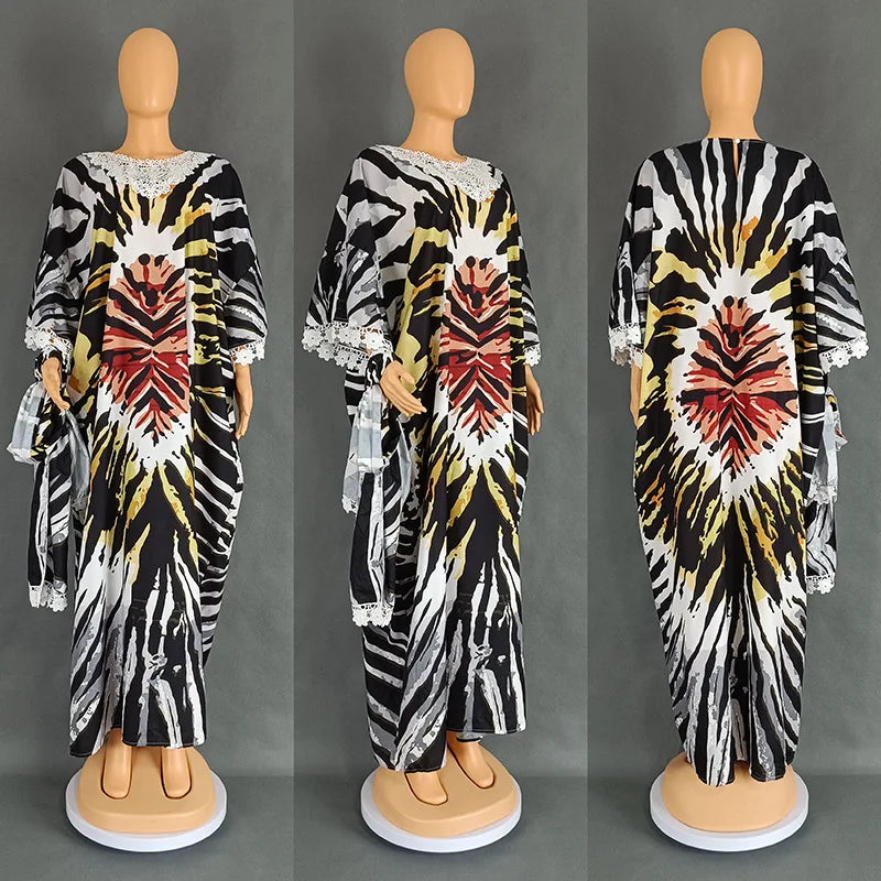 Africa Dress for Women for Evening Party Autumm Elegant Print O-neck Maxi Dress Muslim Fashion Abaya Dashiki African Clothing