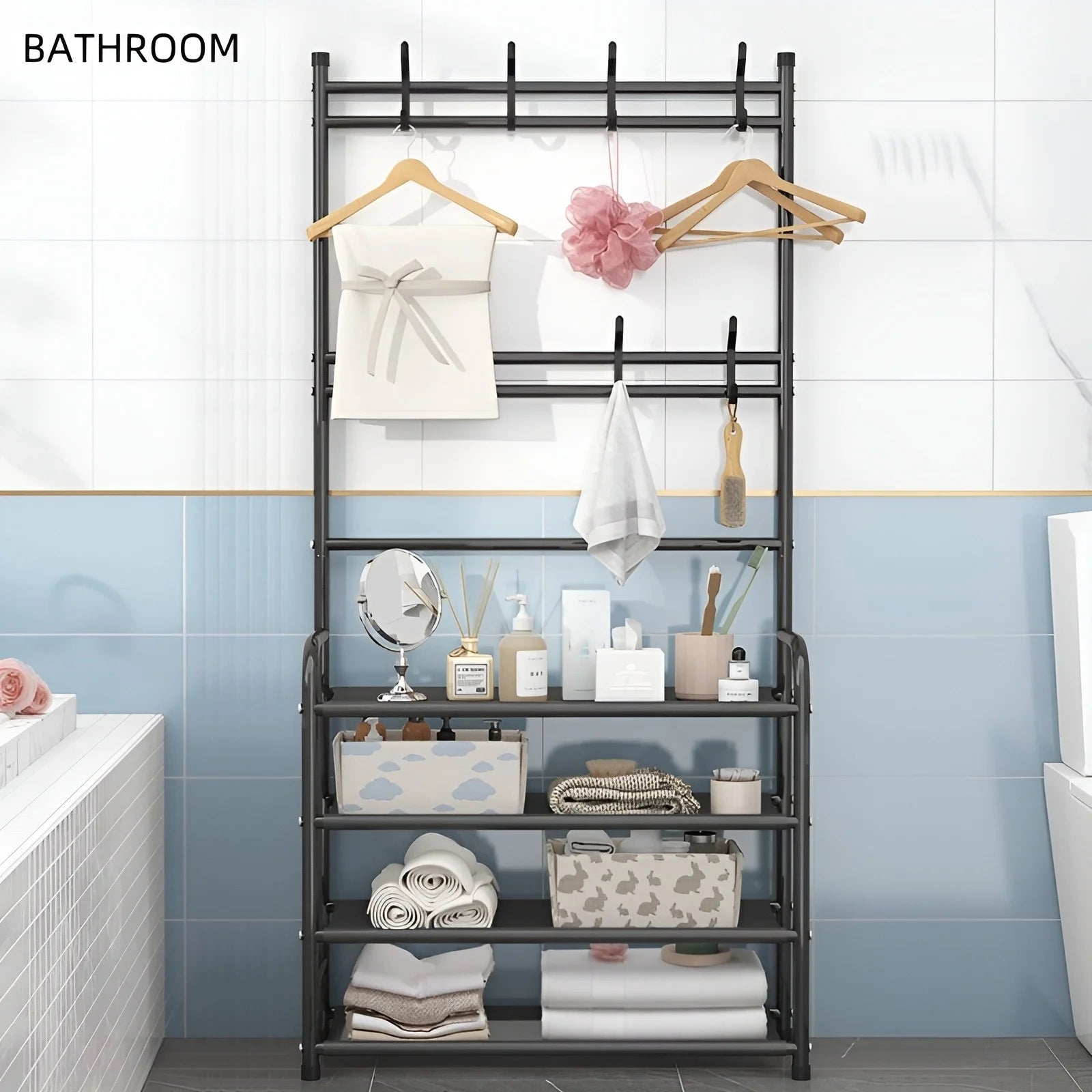 Shoe Rack Coat Rack Strand Simple Metal Storage Rack with Hooks Multipurpose Coat Hanger and Shoe Shelf  for Entryway Home