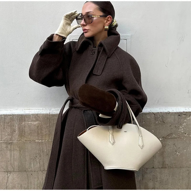 Elegant Grey Belt Long Faux Wollen Coat Women Lapel Double Breasted Street Coats Female 2025 Autumn Winter New Lady Peacoat