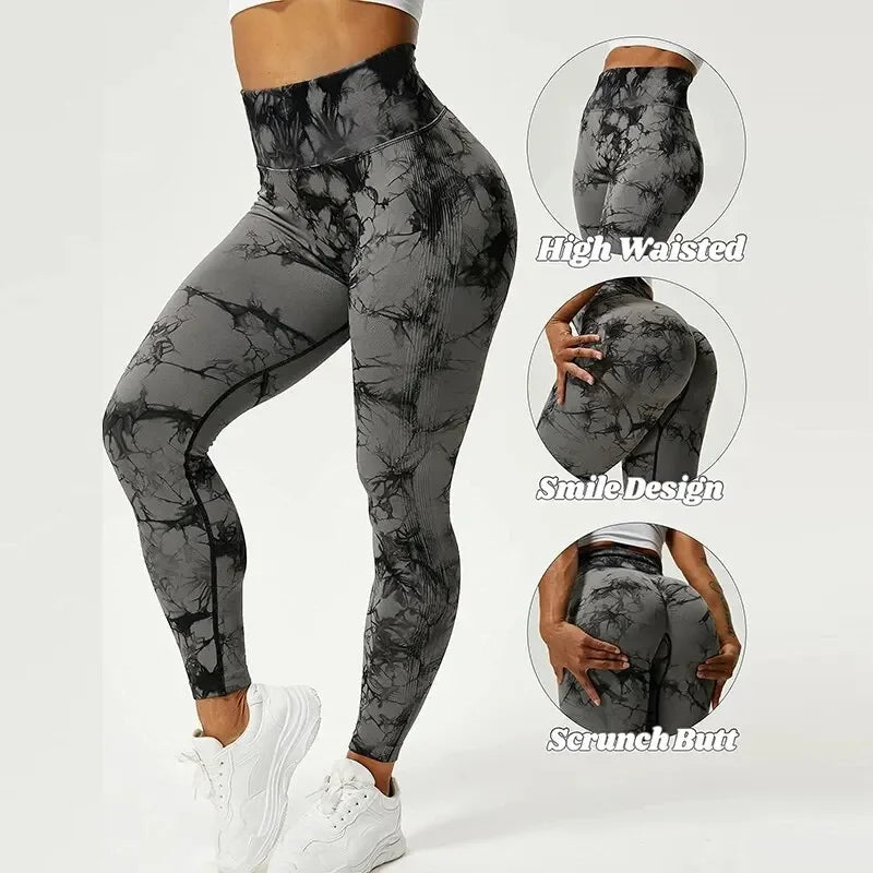 Womens Yoga Pants Gym Leggings Seamless Tie Dye High Waisted Elastic Leggings Peach Buttocks Running Fitness Sports Casual Pants