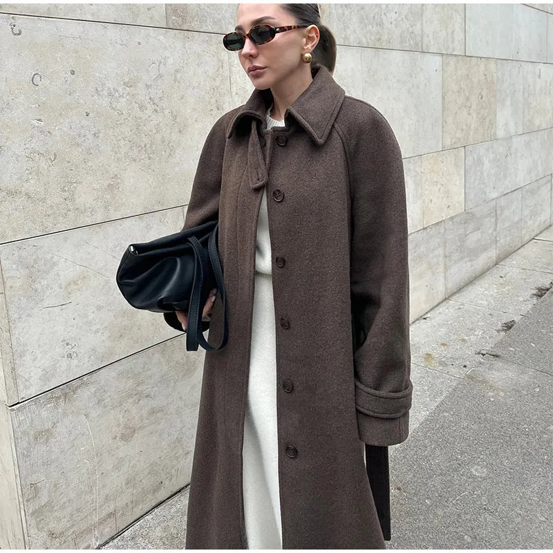 Elegant Grey Belt Long Faux Wollen Coat Women Lapel Double Breasted Street Coats Female 2025 Autumn Winter New Lady Peacoat