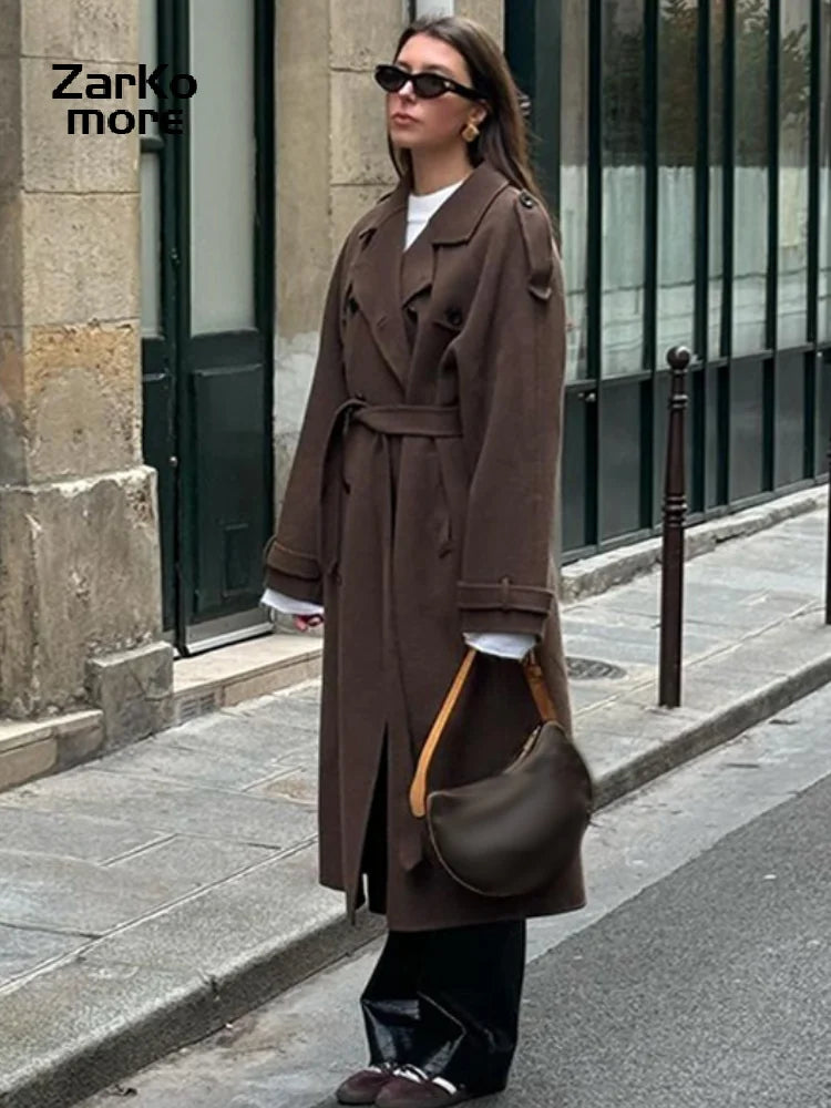 Elegant Grey Belt Long Faux Wollen Coat Women Lapel Double Breasted Street Coats Female 2025 Autumn Winter New Lady Peacoat