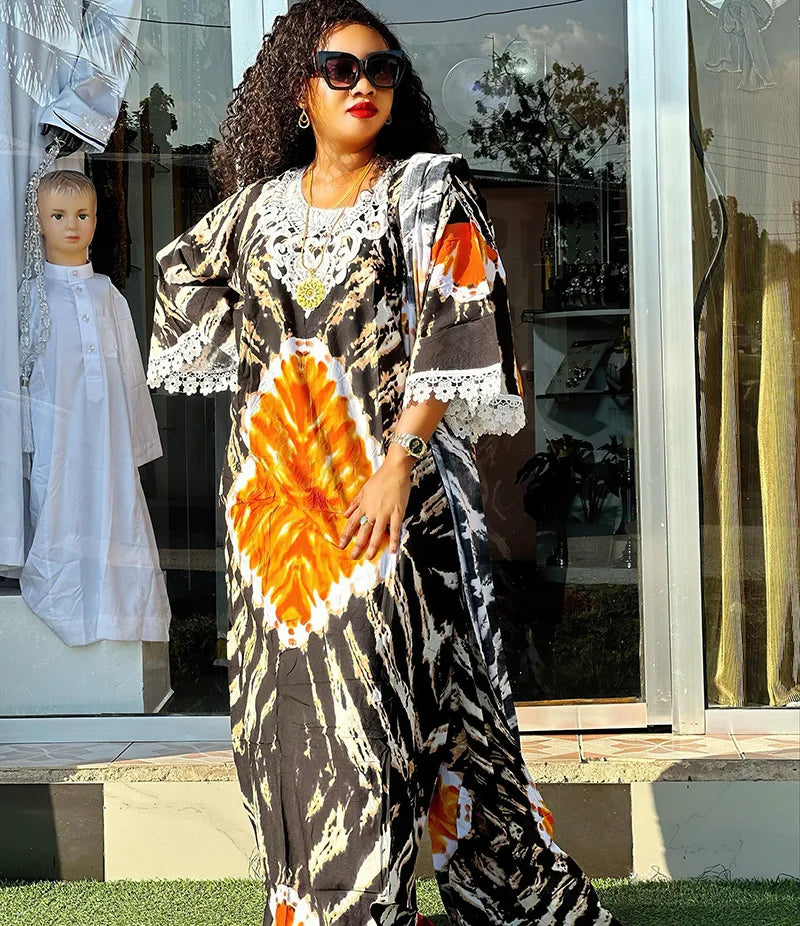 Africa Dress for Women for Evening Party Autumm Elegant Print O-neck Maxi Dress Muslim Fashion Abaya Dashiki African Clothing