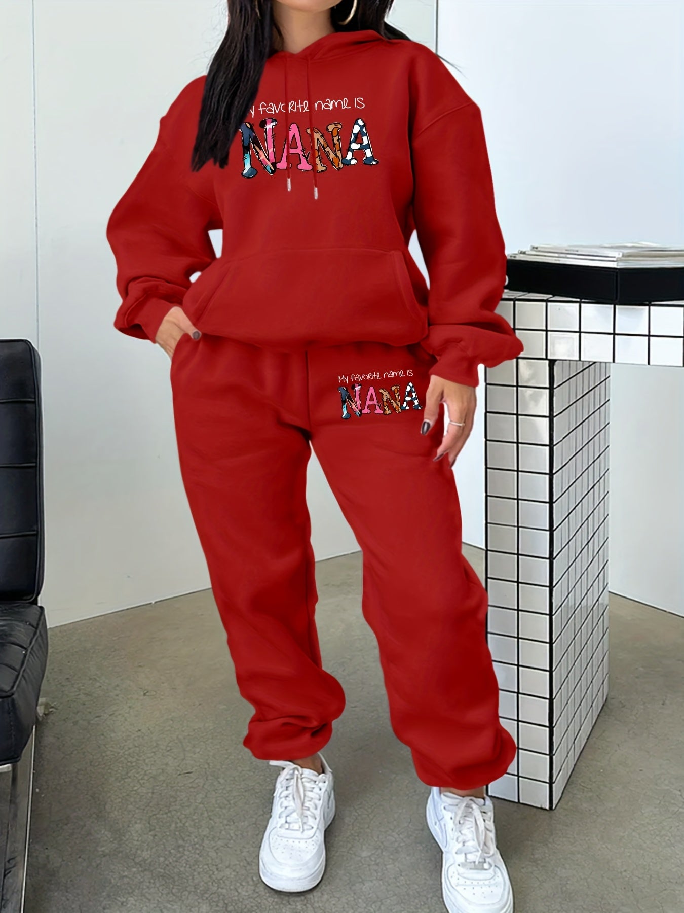 [Geometric Hoodie Set] Winter Women's Geometric Patterned Hoodie And Pants Set | Fall Collection with Pockets And Hood