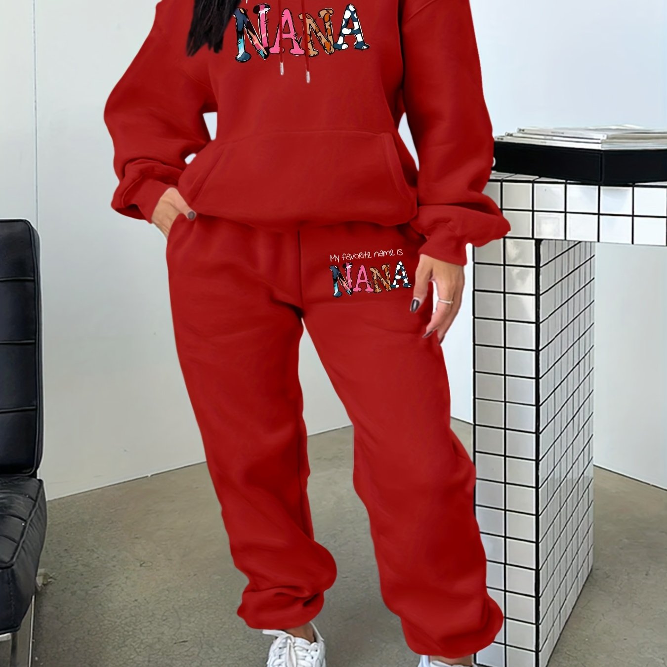 [Geometric Hoodie Set] Winter Women's Geometric Patterned Hoodie And Pants Set | Fall Collection with Pockets And Hood